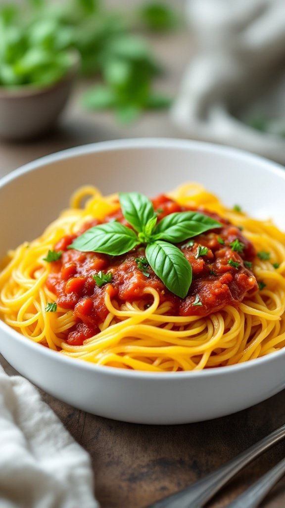 A bowl of spaghetti squash topped with marinara sauce and fresh basil.