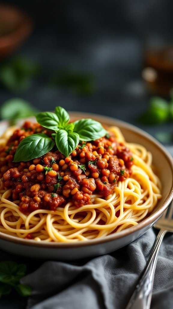 A plate of spaghetti topped with lentil bolognese sauce and fresh basil.