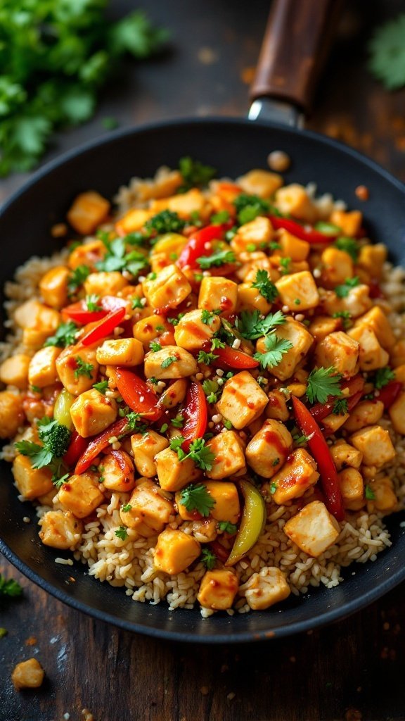 A colorful dish of spicy chicken stir-fry with vegetables served over rice.