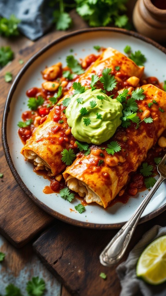 Delicious spicy chicken enchiladas topped with avocado cream and cilantro