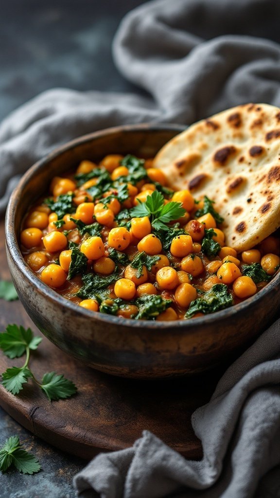 A bowl of spicy chickpea and spinach masala with a side of naan.