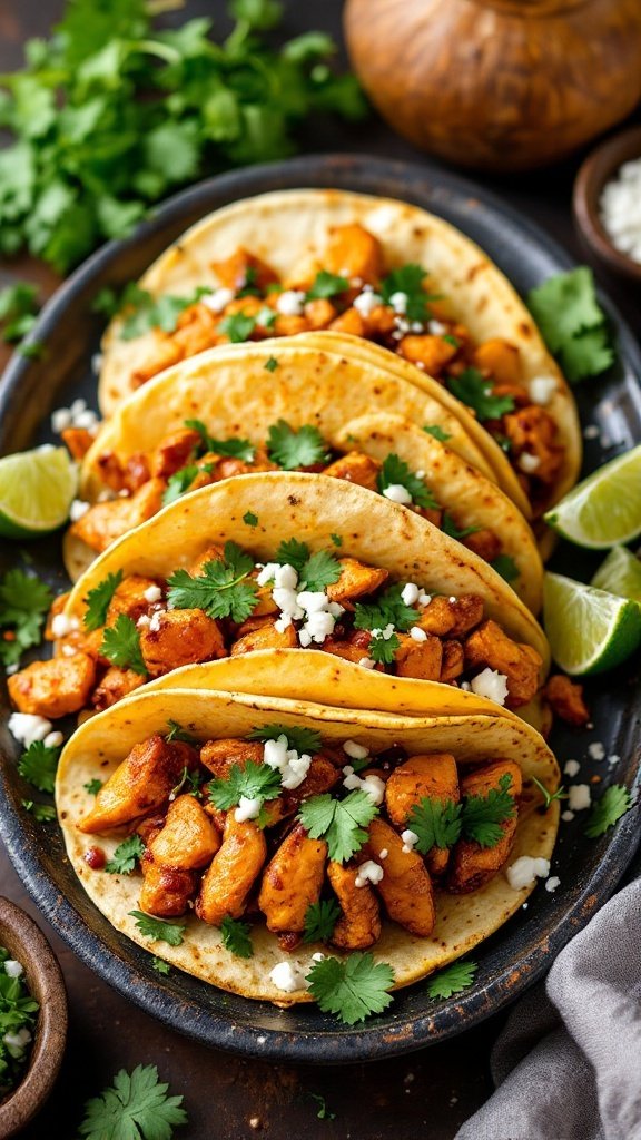 Delicious spicy chipotle chicken tacos garnished with cilantro and queso fresco