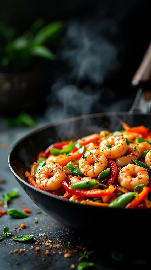 A colorful stir-fry featuring shrimp, vegetables, and vibrant colors.