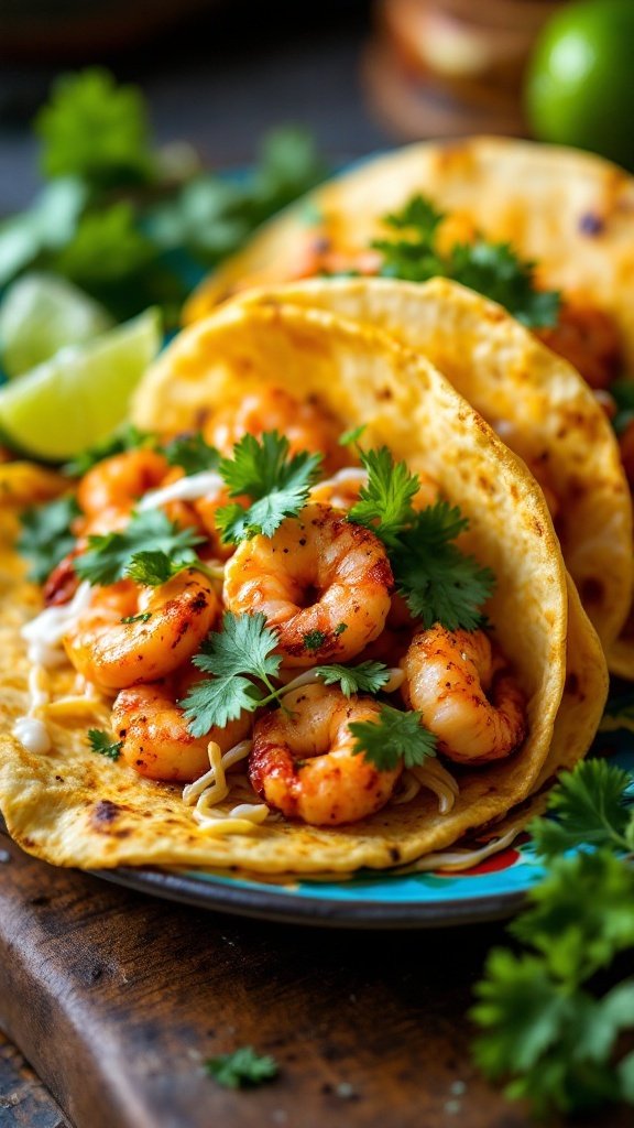 Spicy Harissa Shrimp Tacos with fresh cilantro and lime