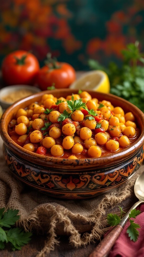 A bowl of Spicy Moroccan Chickpea Stew garnished with cilantro