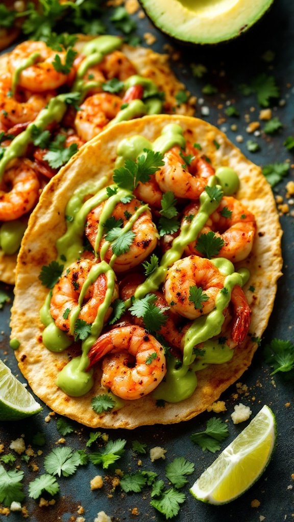 Spicy shrimp tostadas topped with creamy avocado sauce and garnished with cilantro.