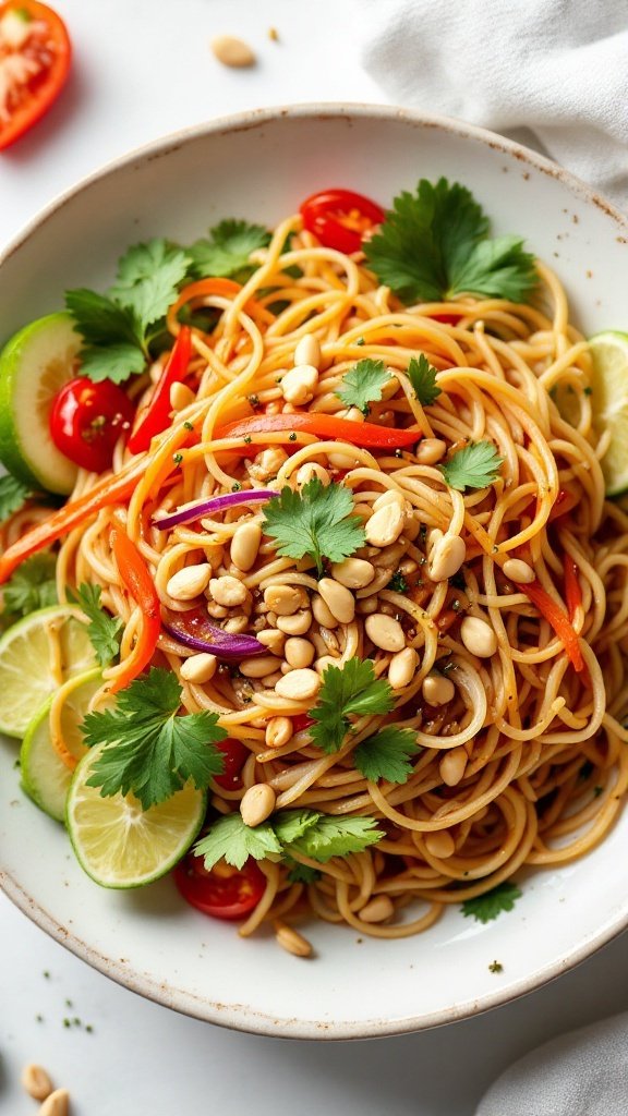 Spicy Thai noodle salad with vegetables and peanuts