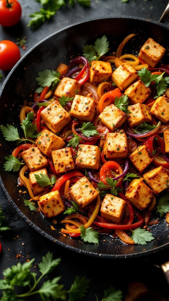 A colorful and spicy tofu stir-fry with vegetables in a skillet.