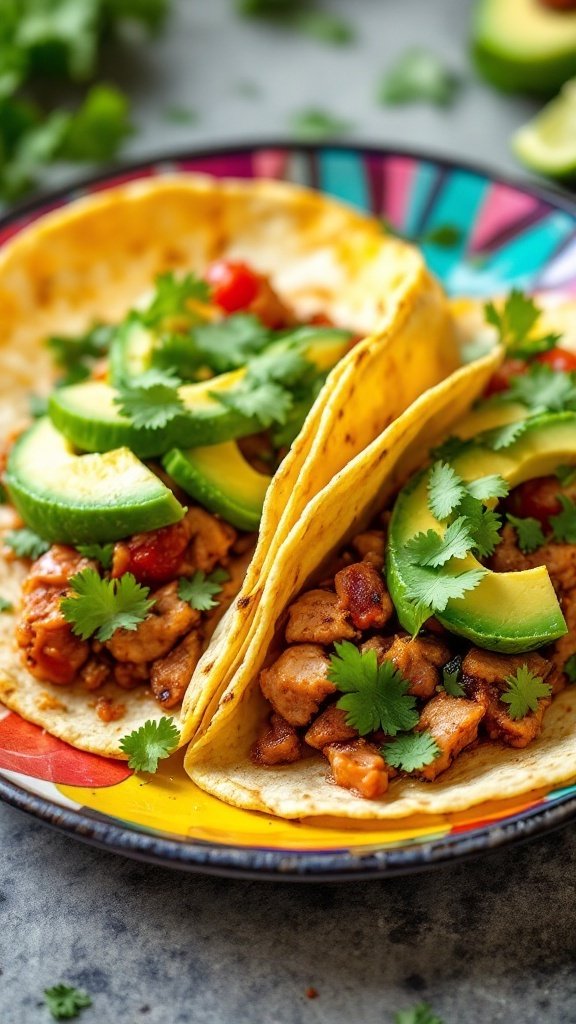 Spicy Tuna Tacos with Avocado served on a colorful plate