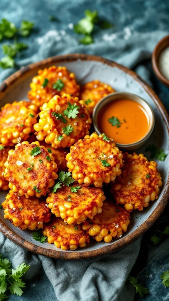 A plate of crispy street corn fritters garnished with cilantro.