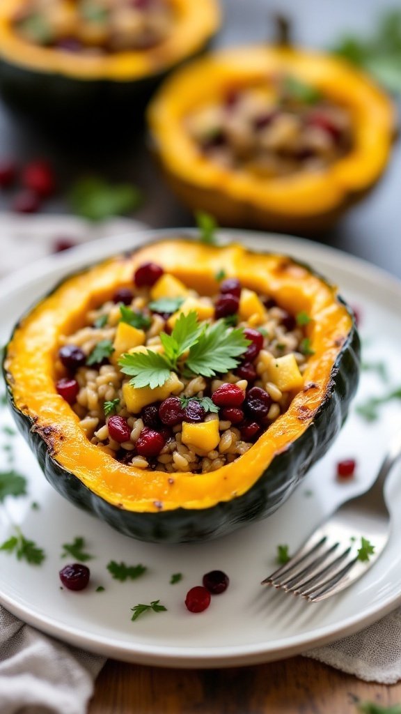 A plate of stuffed acorn squash filled with wild rice, cranberries, and garnished with parsley.