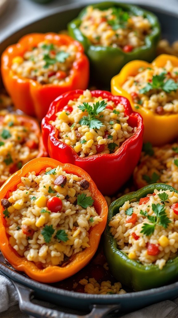 Colorful stuffed bell peppers filled with rice and vegetables.
