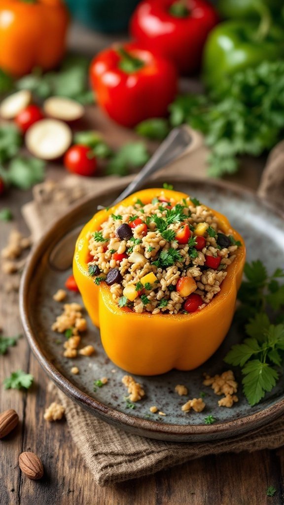 Stuffed bell peppers filled with brown rice and vegetables, garnished with cilantro on a plate.