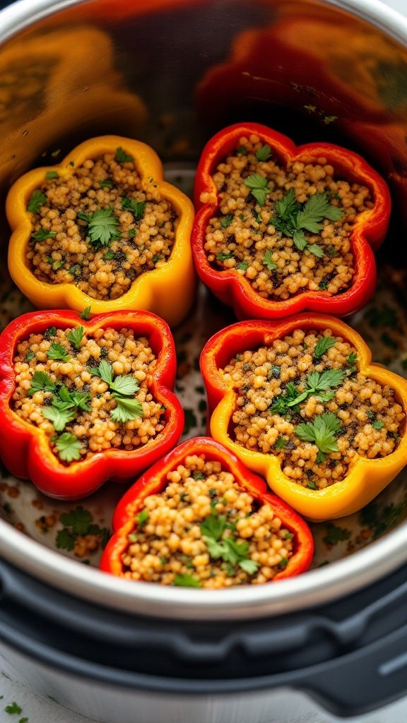 Colorful stuffed bell peppers filled with quinoa and beans, garnished with cilantro.