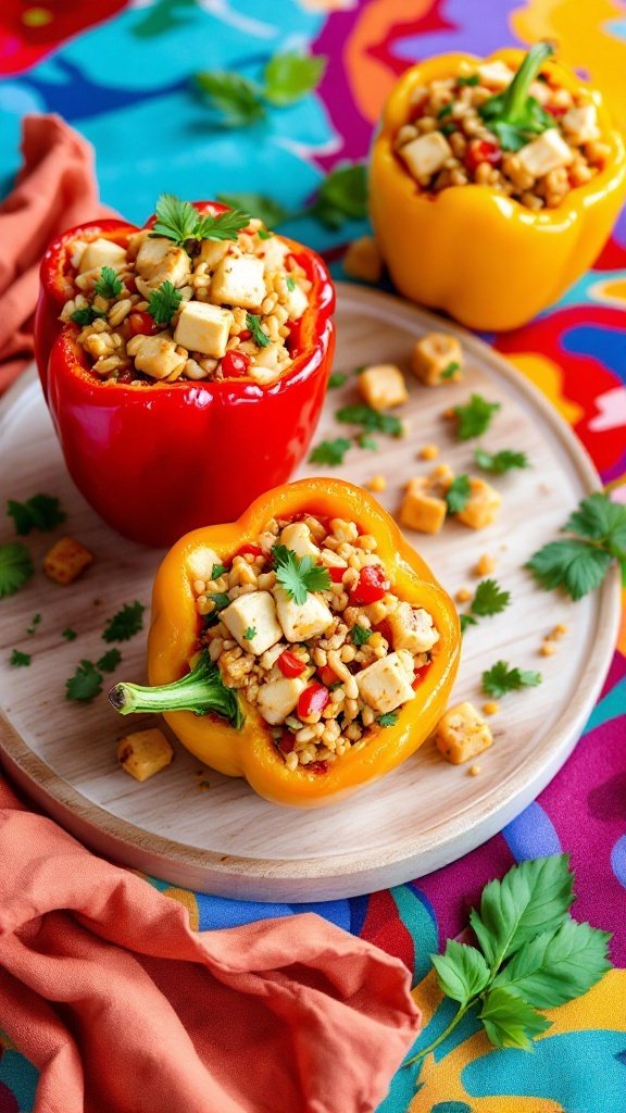 Colorful stuffed bell peppers filled with tofu and rice on a wooden serving tray.