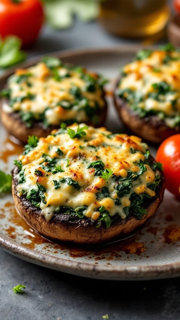 Stuffed portobello mushrooms with spinach and cheese on a plate.