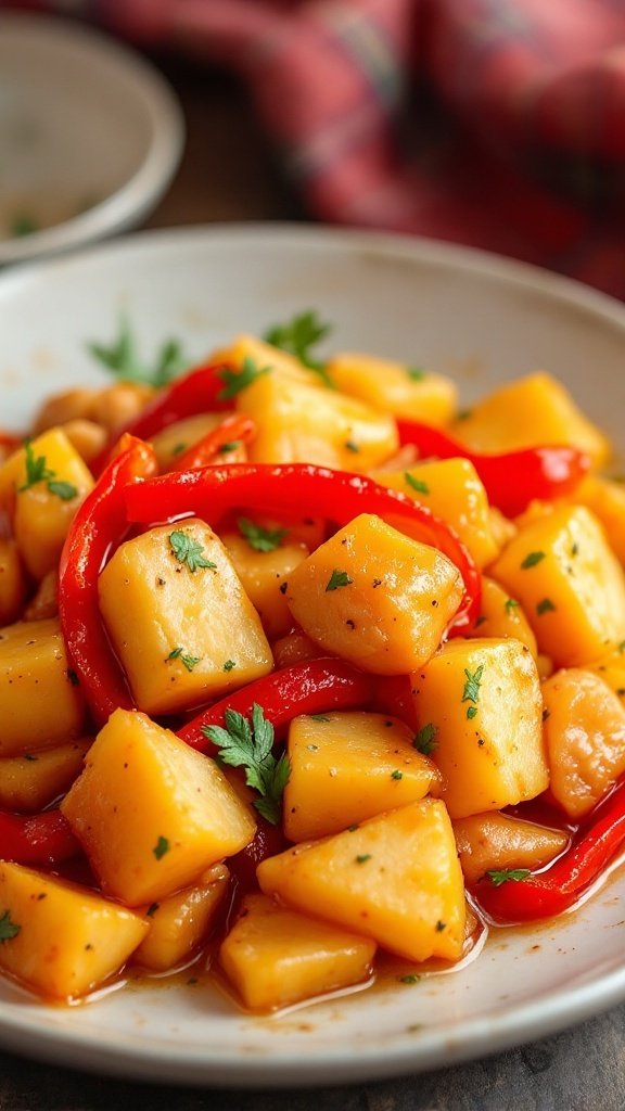 A vibrant dish of Sweet and Sour Pineapple Chicken with colorful peppers and pineapple pieces.