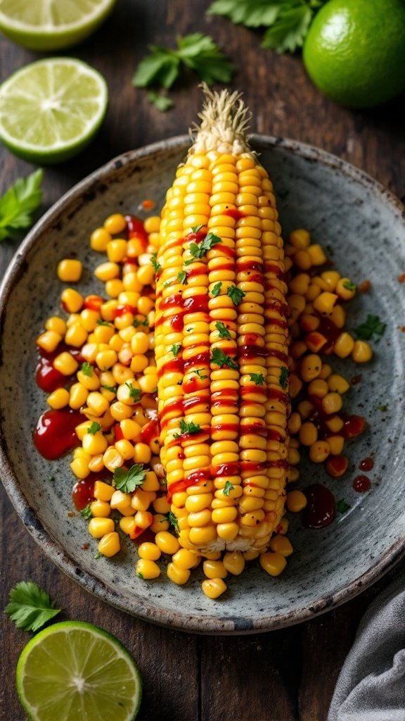 Delicious sweet chili street corn served on a plate with lime and cilantro