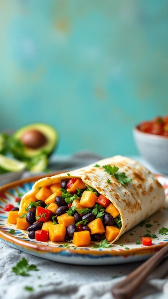 A delicious sweet potato and black bean breakfast burrito on a colorful plate.