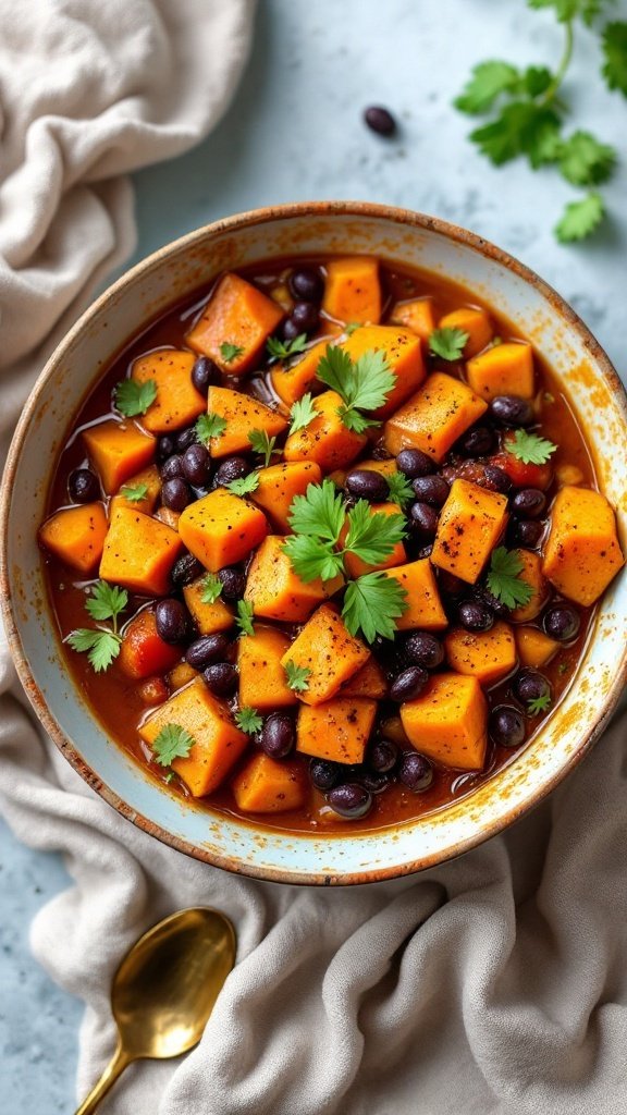 A bowl of sweet potato and black bean stew garnished with cilantro.