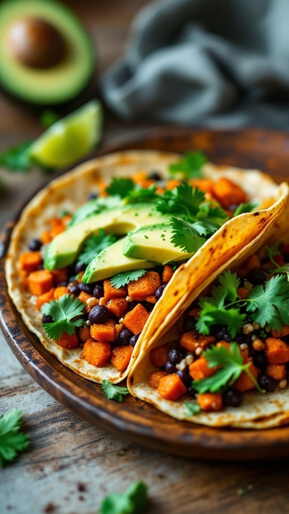 Sweet Potato and Black Bean Tacos with avocado and cilantro