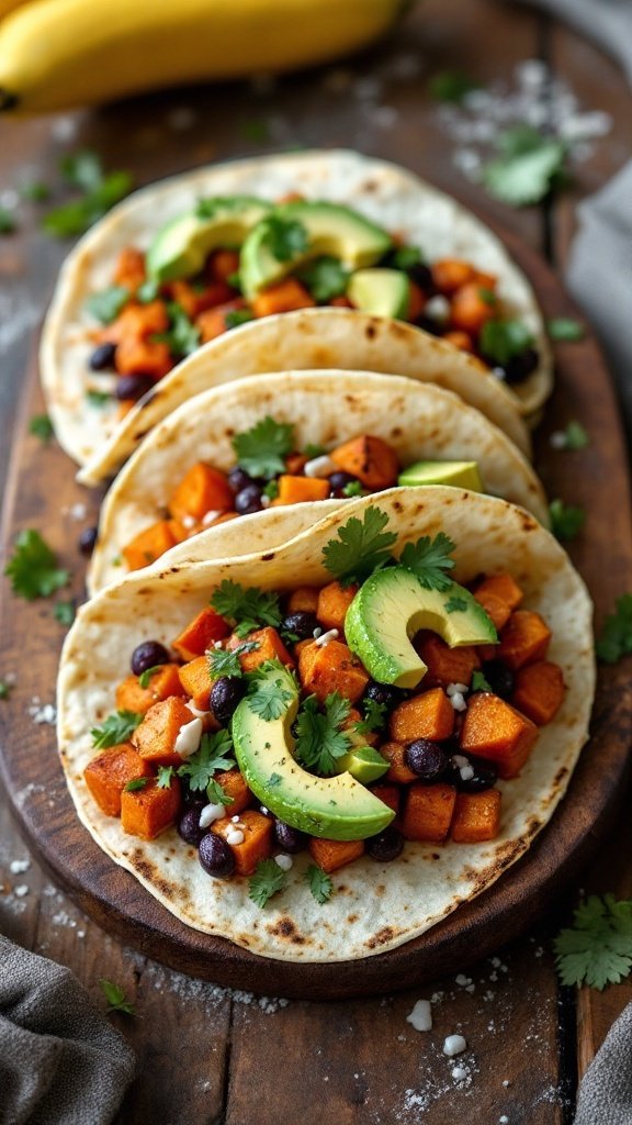 Sweet Potato and Black Bean Tacos with avocado and cilantro