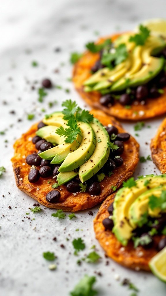 Sweet potato tostadas topped with black beans and avocado, garnished with cilantro.