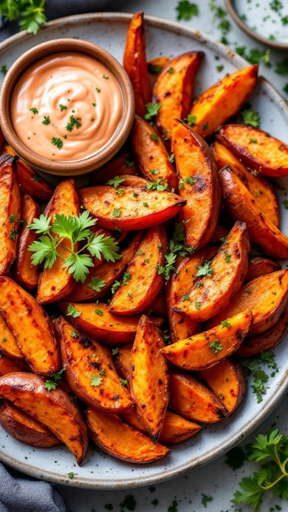 A plate of crispy sweet potato wedges garnished with parsley and served with a dipping sauce.