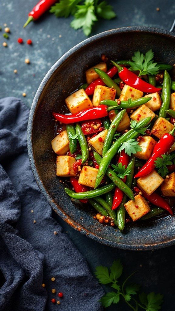 A colorful dish of Szechuan spicy tofu with green beans and red peppers garnished with cilantro.