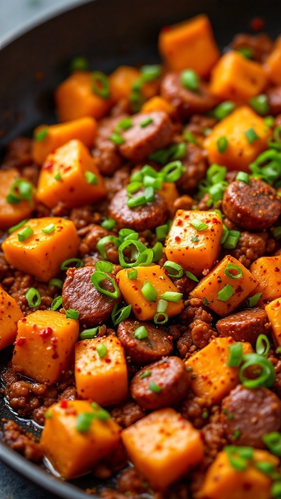 A skillet filled with chorizo and diced sweet potatoes, garnished with green onions.