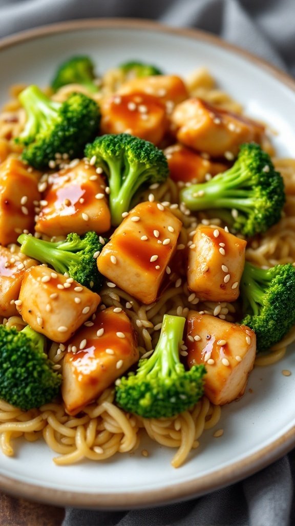 Delicious Teriyaki Chicken with Broccoli served over a bed of noodles.