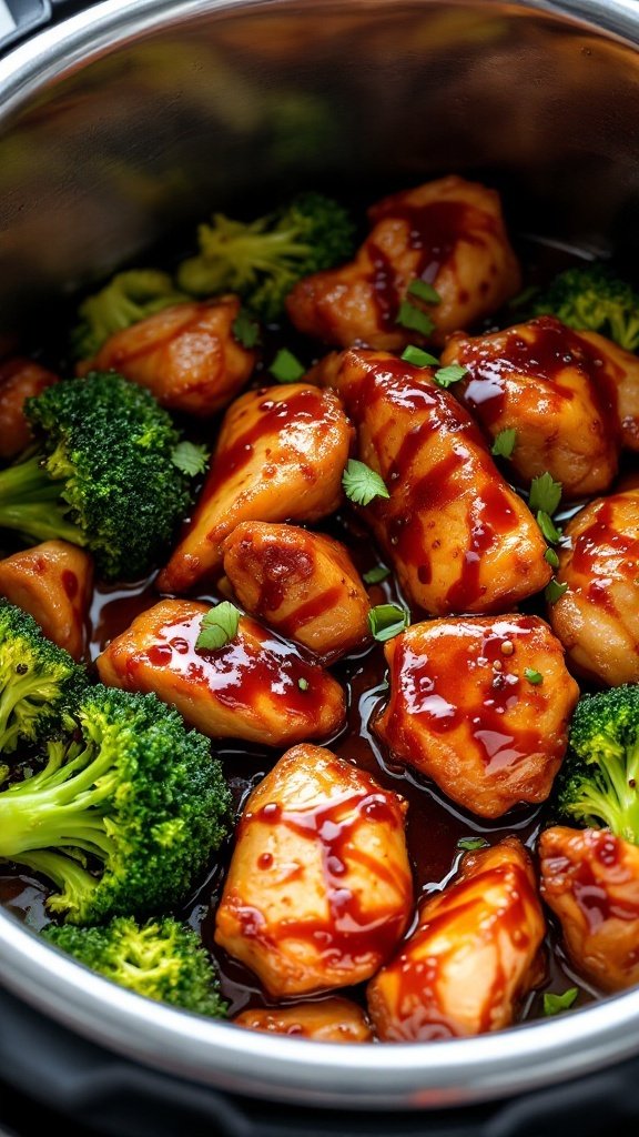 A dish of teriyaki chicken with steamed broccoli in an Instant Pot