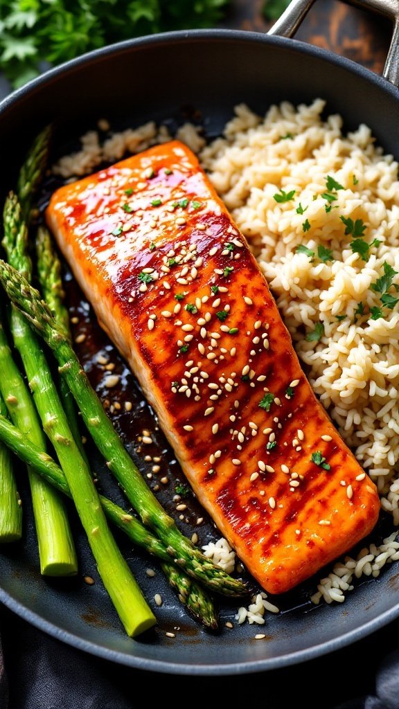 A plate of teriyaki salmon paired with asparagus and rice.