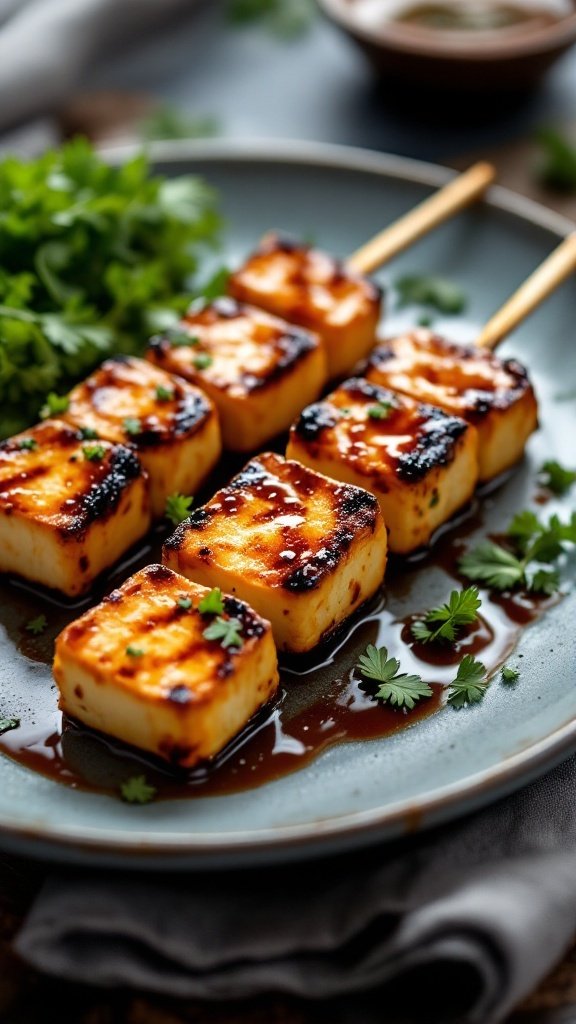 Delicious teriyaki tofu skewers garnished with cilantro on a plate.