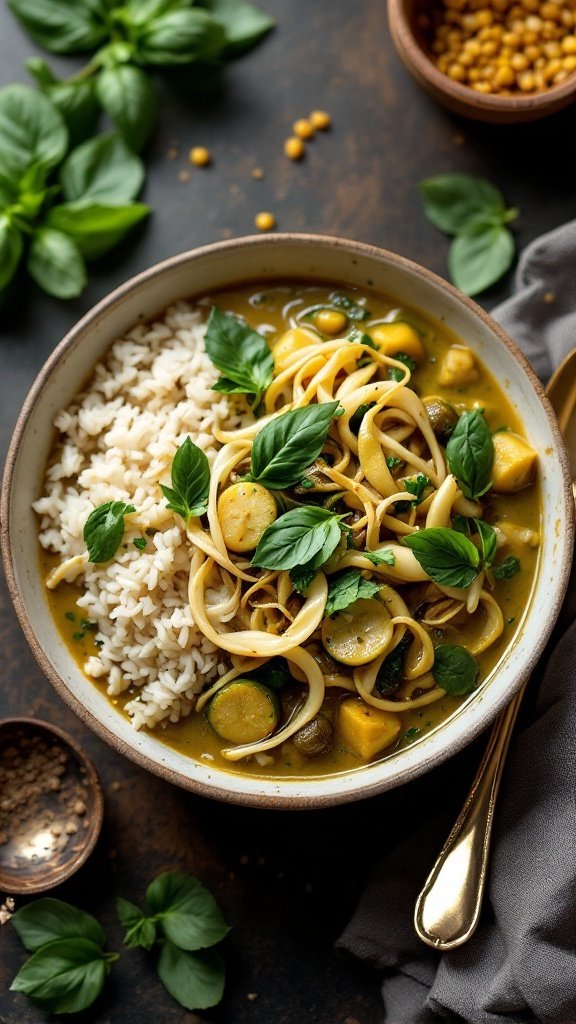 Bowl of Thai Green Curry with Bamboo Shoots and rice topped with fresh basil