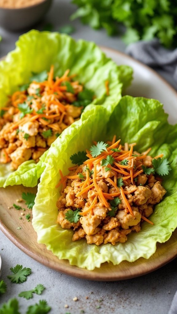 Thai Peanut Chicken Lettuce Wraps with shredded carrots and cilantro