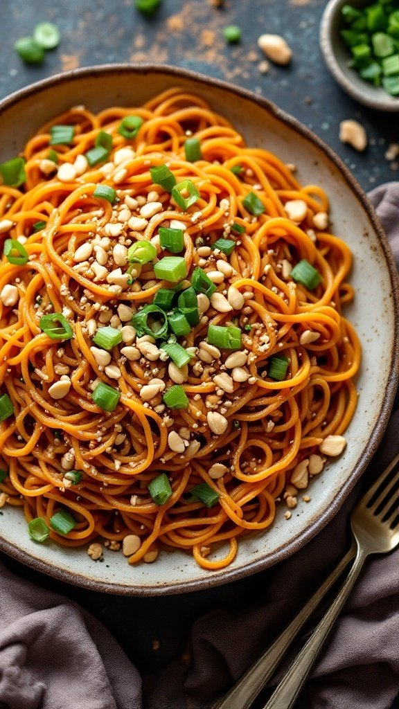 A bowl of Thai Peanut Sweet Potato Noodles topped with green onions and peanuts