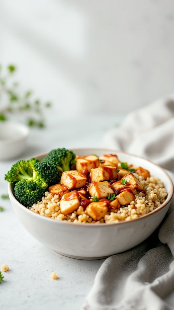 A bowl filled with quinoa, cubed tofu, and broccoli, drizzled with sauce.