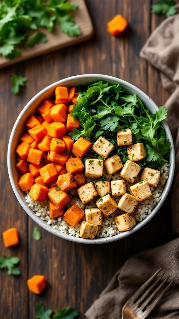 A colorful Buddha bowl containing tofu, roasted sweet potatoes, and fresh herbs