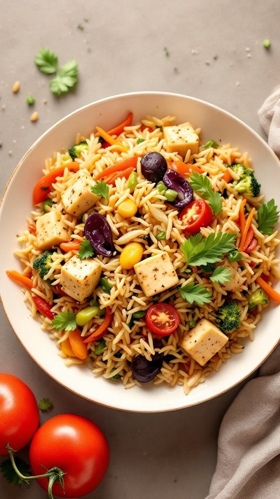 A colorful bowl of tofu and vegetable stir-fried rice, garnished with fresh herbs.