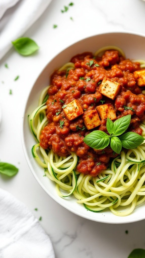 Tofu Bolognese served over zucchini noodles garnished with basil