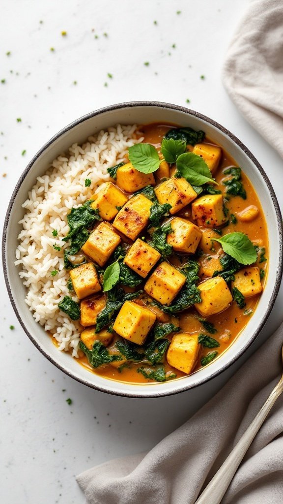 A bowl of tofu curry with spinach and coconut milk served over rice.