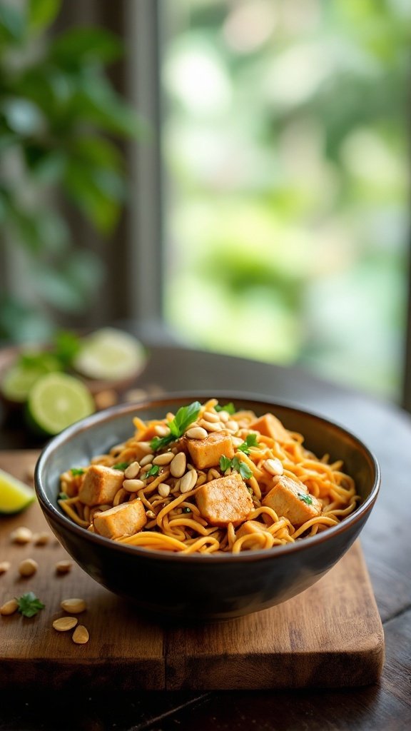 A bowl of Tofu Pad Thai with peanuts and green onions