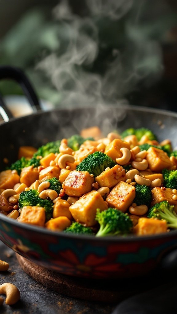 A colorful dish of tofu stir-fry featuring broccoli and cashews.