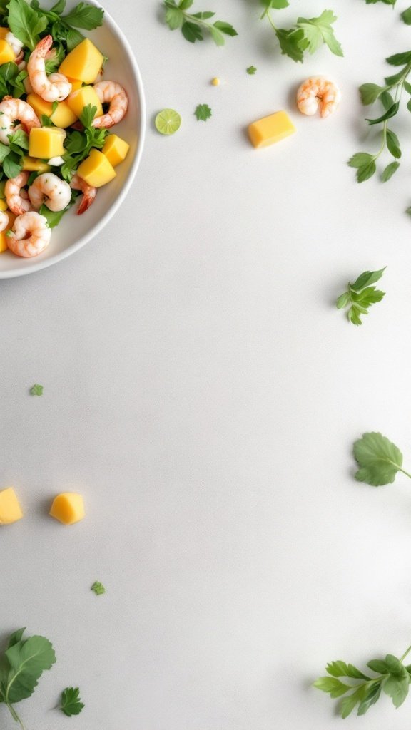 A vibrant tropical mango and shrimp salad with mixed greens and cilantro.