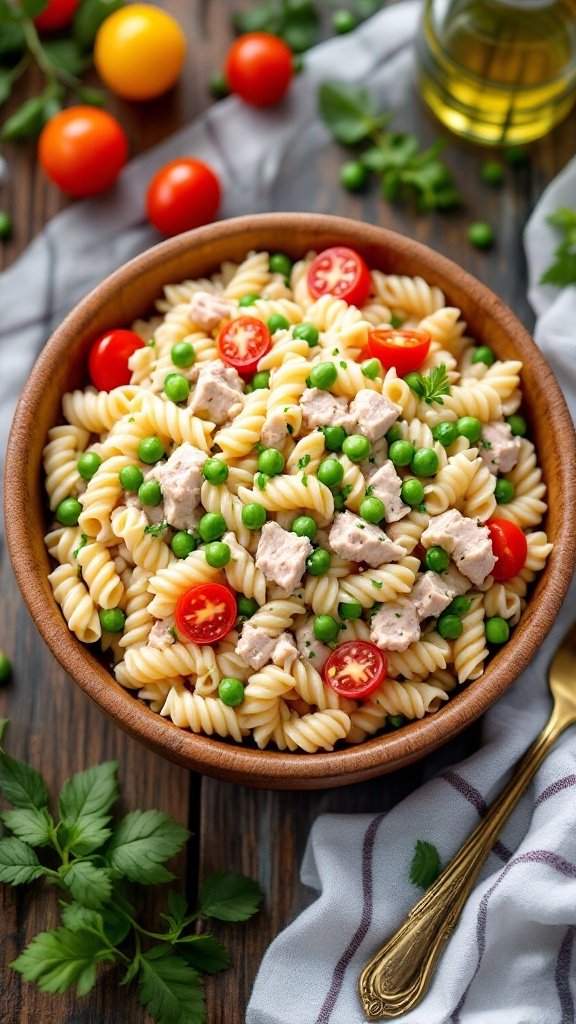 A bowl of colorful tuna pasta salad with peas and cherry tomatoes.
