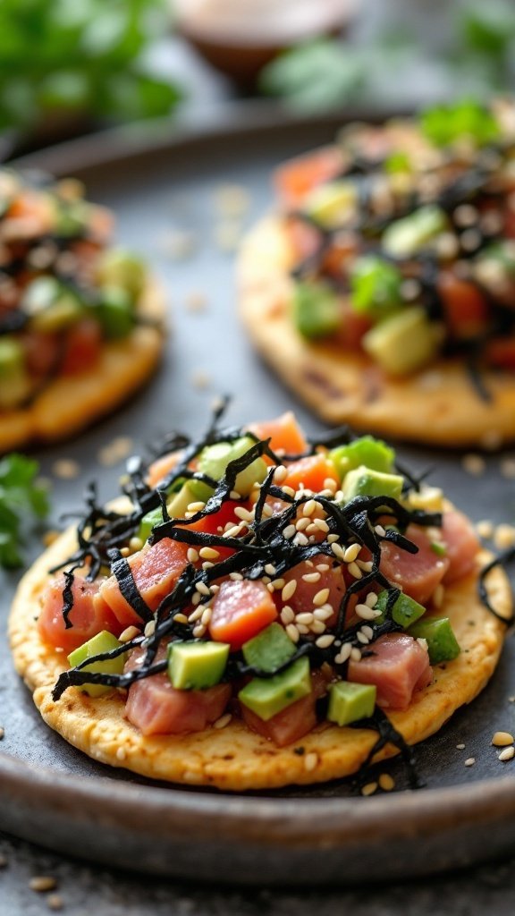 Tuna poke tostadas topped with seaweed salad and fresh vegetables