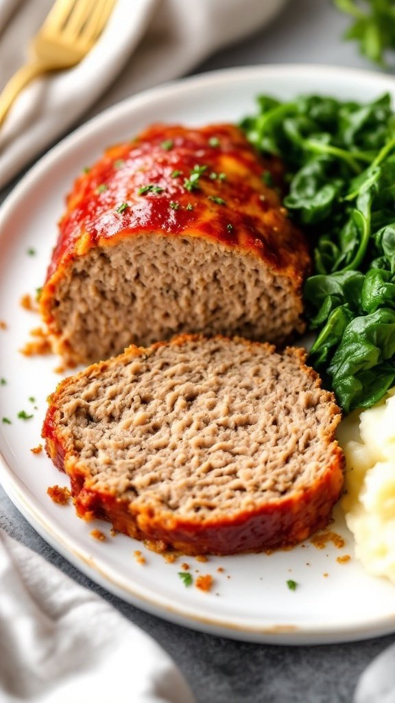A delicious slice of turkey meatloaf served with spinach and mashed potatoes on a plate.