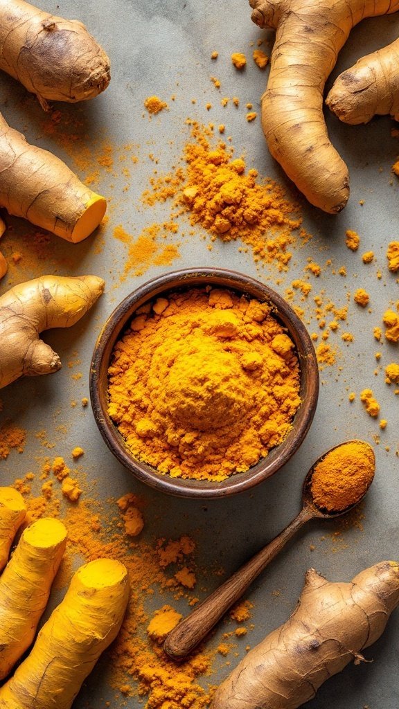 A bowl of turmeric powder surrounded by fresh turmeric roots.