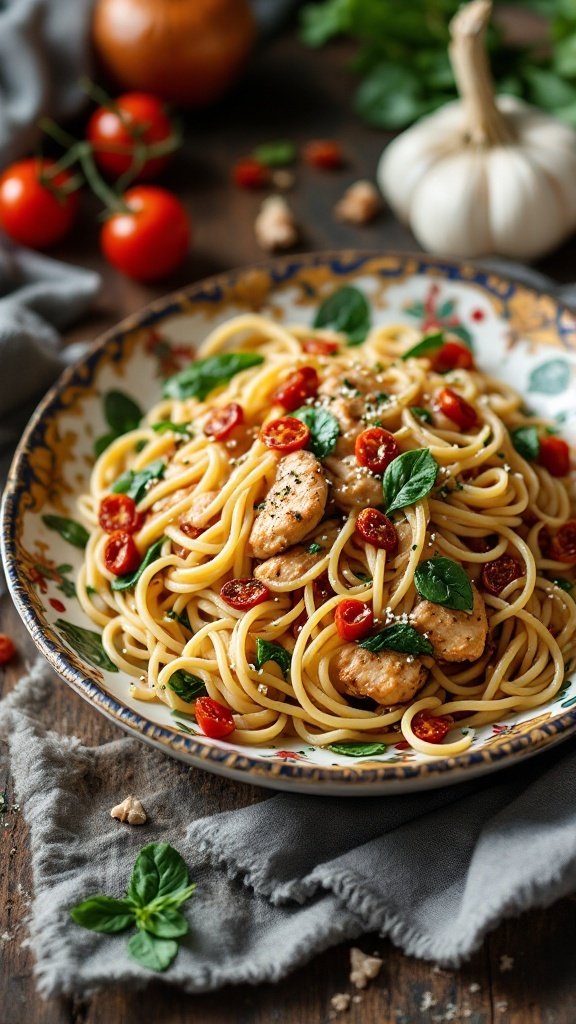 A plate of Tuscan Garlic Chicken Pasta with vibrant ingredients.